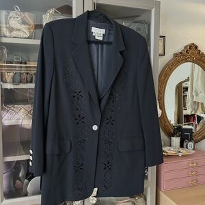 Escada Navy Blazer with Floral Embroidered Details 42 L